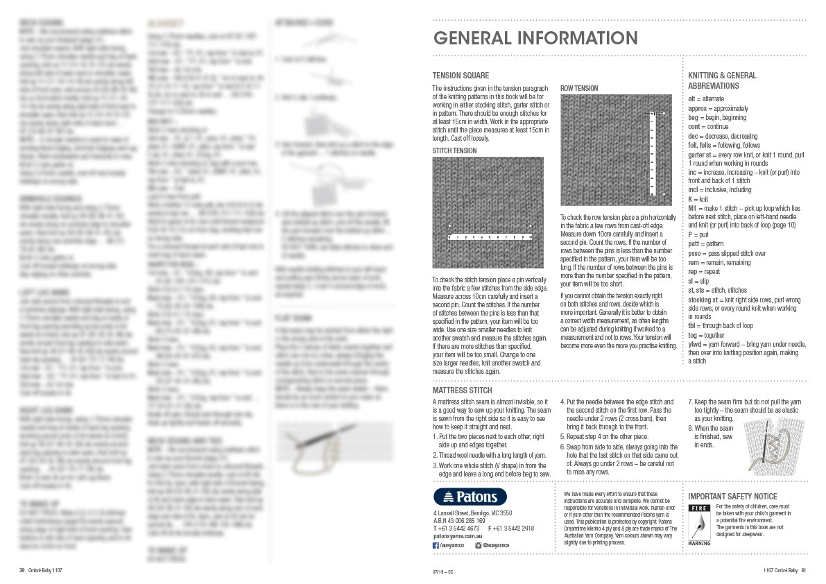  Knitting instruction page titled "General Information." Includes detailed text, visual guides for tension squares and stitch tension, knitting abbreviations, and a section on mattress stitch. The tone is informative, providing technical guidance for knitters. A small logo and contact information are at the bottom.