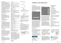 Knitting instruction page titled "General Information." Includes detailed text, visual guides for tension squares and stitch tension, knitting abbreviations, and a section on mattress stitch. The tone is informative, providing technical guidance for knitters. A small logo and contact information are at the bottom.