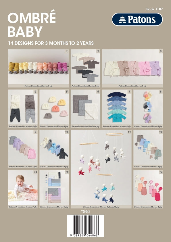 Cover of a knitting pattern book titled "Ombré Baby." It features 14 designs for babies 3 months to 2 years, using soft colours and cozy materials.