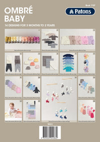 Cover of a knitting pattern book titled "Ombré Baby." It features 14 designs for babies 3 months to 2 years, using soft colours and cozy materials.