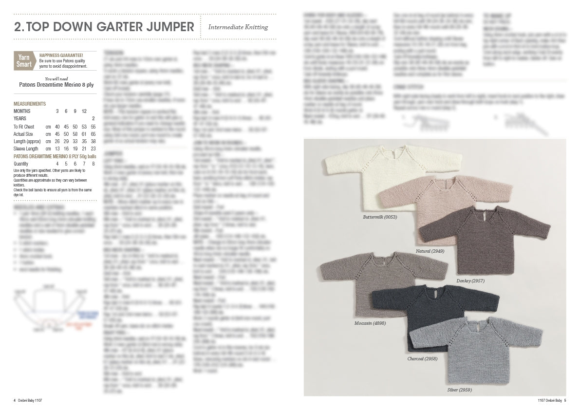 Knitting pattern for a top-down garter jumper. Text instructions on the left, images of six jumpers in various shades on the right. Labels include 'Butterick', 'Ballet', 'Donkey', 'Mauvette', 'Charcoal', and 'Silver'. Intermediate knitting skill level, using Patons Dreamtime Merino 8 ply yarn.