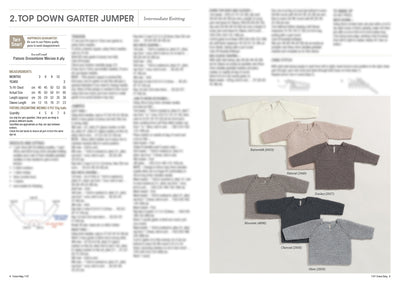 Knitting pattern for a top-down garter jumper. Text instructions on the left, images of six jumpers in various shades on the right. Labels include 'Butterick', 'Ballet', 'Donkey', 'Mauvette', 'Charcoal', and 'Silver'. Intermediate knitting skill level, using Patons Dreamtime Merino 8 ply yarn.