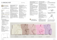 Five knitted kimono vests in cream, beige, pink, bright pink, and lavender are neatly arranged in a row. A knitting pattern with instructions is blurred above.