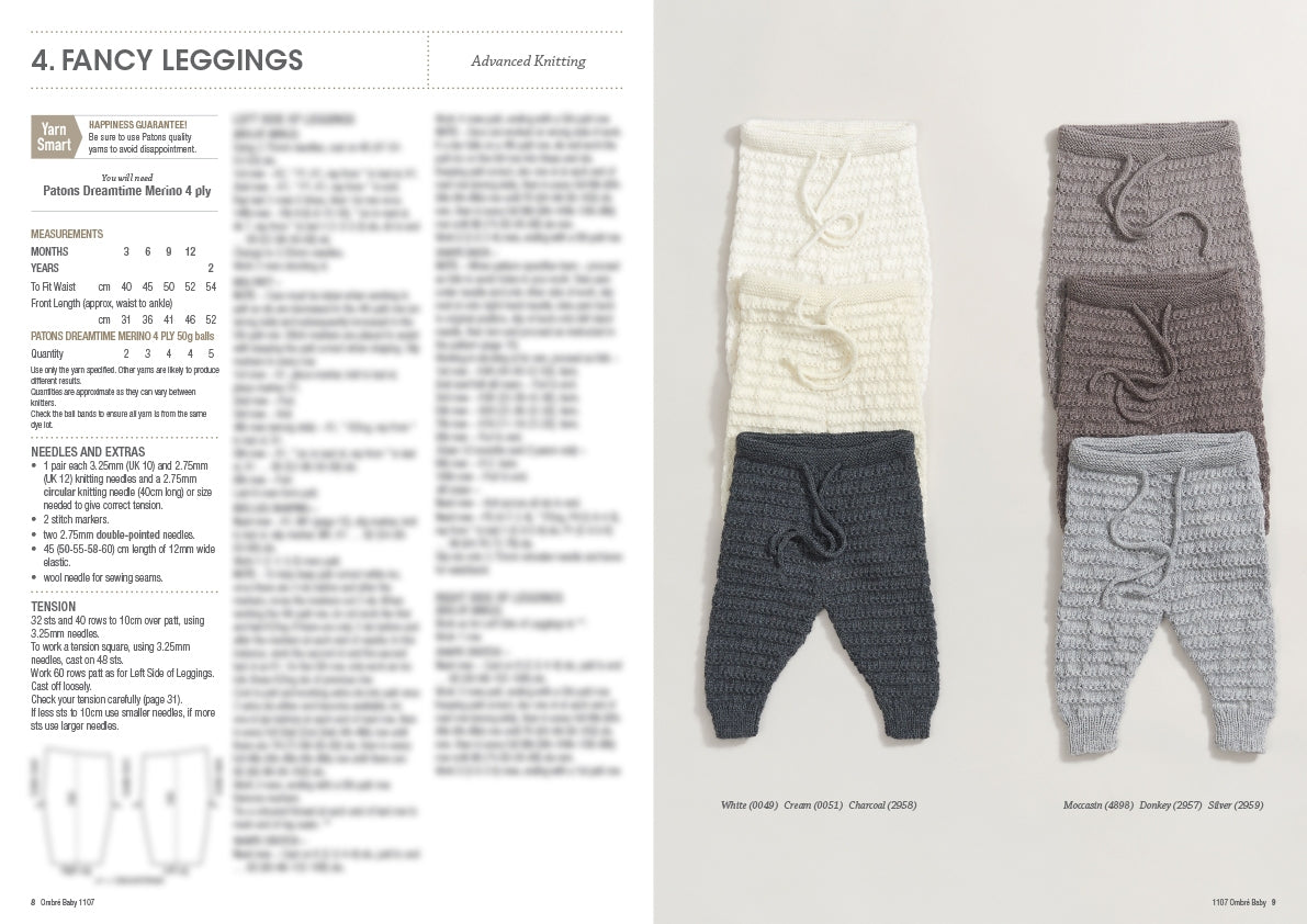 Knitting pattern for fancy leggings with measurements, material details, and instructions on the left. On the right, four textured knit leggings in white, cream, charcoal, and shades of grey are displayed vertically from light to dark.