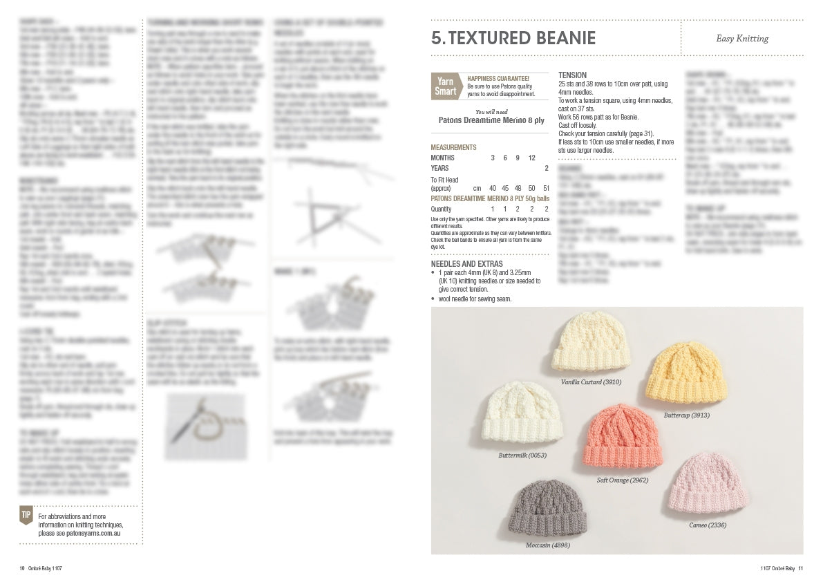 Magazine page with knitting instructions for a textured beanie. Includes patterns and images of six colourful beanies labeled with yarn colour names. Beanies in white, yellow, pink, and grey are neatly arranged, showcasing their texture. Text provides detailed steps and materials needed for knitting.