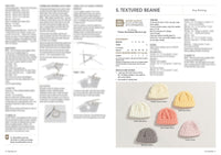 Magazine page with knitting instructions for a textured beanie. Includes patterns and images of six colourful beanies labeled with yarn colour names. Beanies in white, yellow, pink, and grey are neatly arranged, showcasing their texture. Text provides detailed steps and materials needed for knitting.