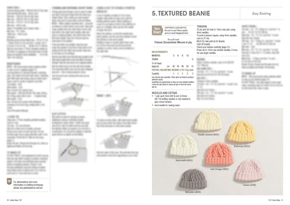 Magazine page with knitting instructions for a textured beanie. Includes patterns and images of six colourful beanies labeled with yarn colour names. Beanies in white, yellow, pink, and grey are neatly arranged, showcasing their texture. Text provides detailed steps and materials needed for knitting.