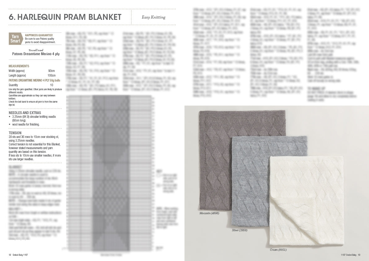 A knitting pattern page titled "Harlequin Pram Blanket" shows detailed instructions on the left. To the right, three textured blankets in grey, light grey, and cream are displayed, conveying a cozy and soft feel.
