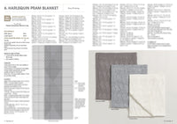 A knitting pattern page titled "Harlequin Pram Blanket" shows detailed instructions on the left. To the right, three textured blankets in grey, light grey, and cream are displayed, conveying a cozy and soft feel.