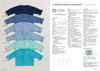 Six knitted baby cardigans, in shades from navy to ocean blue, are displayed overlapping each other. A knitting pattern with instructions is on the right.