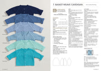 Six knitted baby cardigans, in shades from navy to ocean blue, are displayed overlapping each other. A knitting pattern with instructions is on the right.