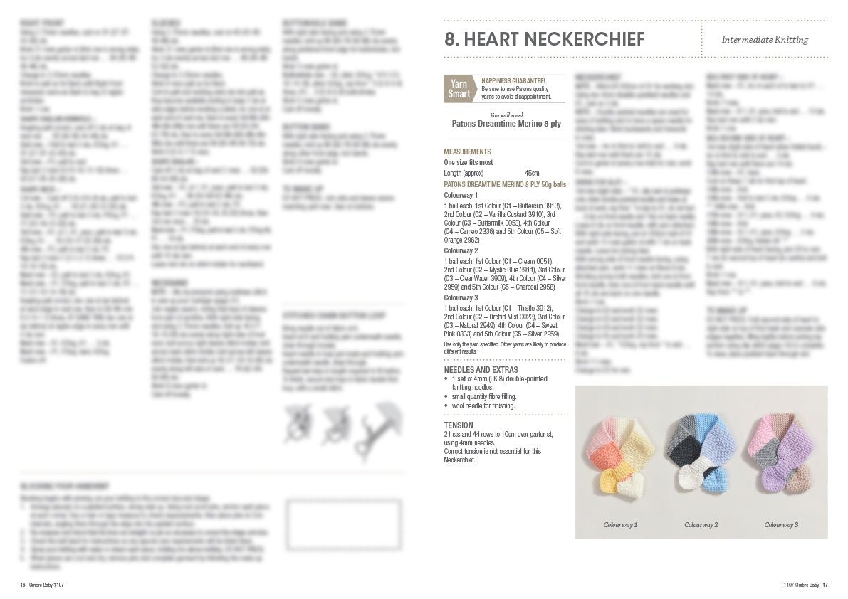 Intermediate knitting pattern titled 'Heart Neckerchief' with materials and instructions. Includes an image of three colourful knitted neckerchiefs in pastel shades, labeled as Colourway 3, 2, and 1 respectively. Text details yarn type, measurements, and knitting tools required.