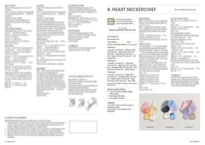 Intermediate knitting pattern titled 'Heart Neckerchief' with materials and instructions. Includes an image of three colourful knitted neckerchiefs in pastel shades, labeled as Colourway 3, 2, and 1 respectively. Text details yarn type, measurements, and knitting tools required.