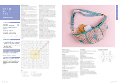 Crochet pattern layout with instructions on the left and a crocheted pink and teal crossbody bag on the right, on a pink background.