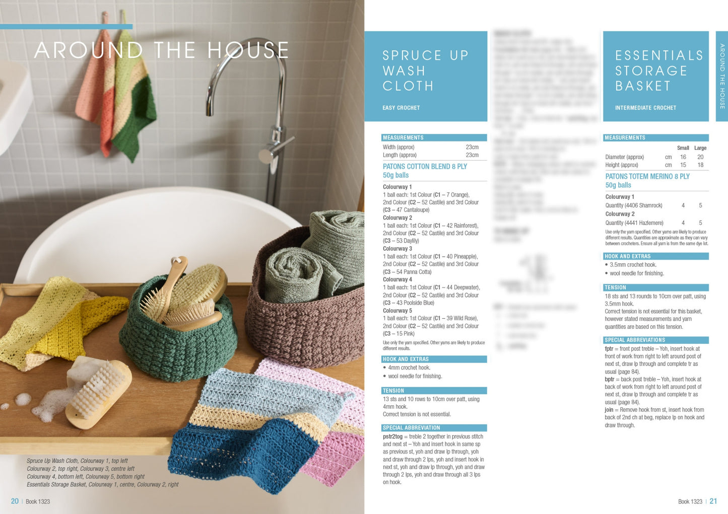 A bathroom setting with colorful crochet items is displayed. Washcloths, storage baskets, and brushes are neatly arranged near a bathtub, creating a cozy, inviting atmosphere.