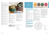 Image of a craft magazine spread, featuring crochet baskets with rolled towels on the left. On the right, colorful crochet flower coasters are displayed.