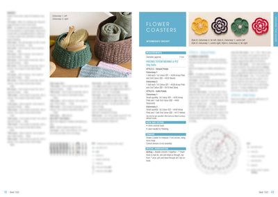 Image of a craft magazine spread, featuring crochet baskets with rolled towels on the left. On the right, colorful crochet flower coasters are displayed.