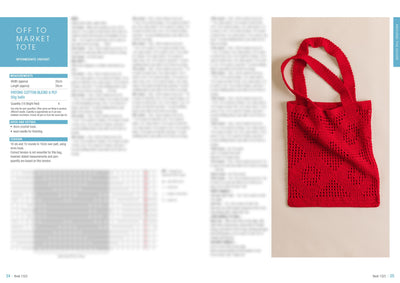 A page from a crochet pattern book featuring instructions on the left with a blue heading, and a red crochet tote bag on the right on a beige background.