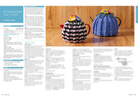 Two teapots on a wooden surface wear crocheted tea cosies: one striped pink and black, the other solid blue. Both have decorative flowers on top. Text on the left offers crochet instructions, creating a warm, crafty vibe.