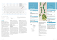 Alt text: "Magazine spread featuring crochet patterns. Left page includes a blurred lace design and text. Right page shows clear close-ups of crocheted leaves with pattern titles 'Chain of Hearts' and 'Peacock Plant,' detailed in blue sections. Instructions include measurements, materials, and special stitch techniques."