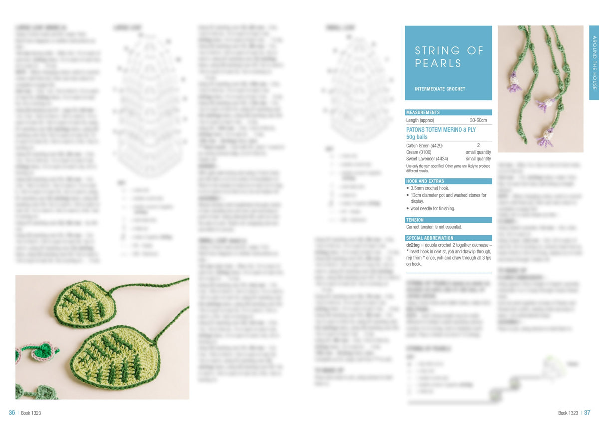Crochet pattern page featuring "String of Pearls" with green yarn and purple flowers. Includes detailed instructions and stitch diagrams.