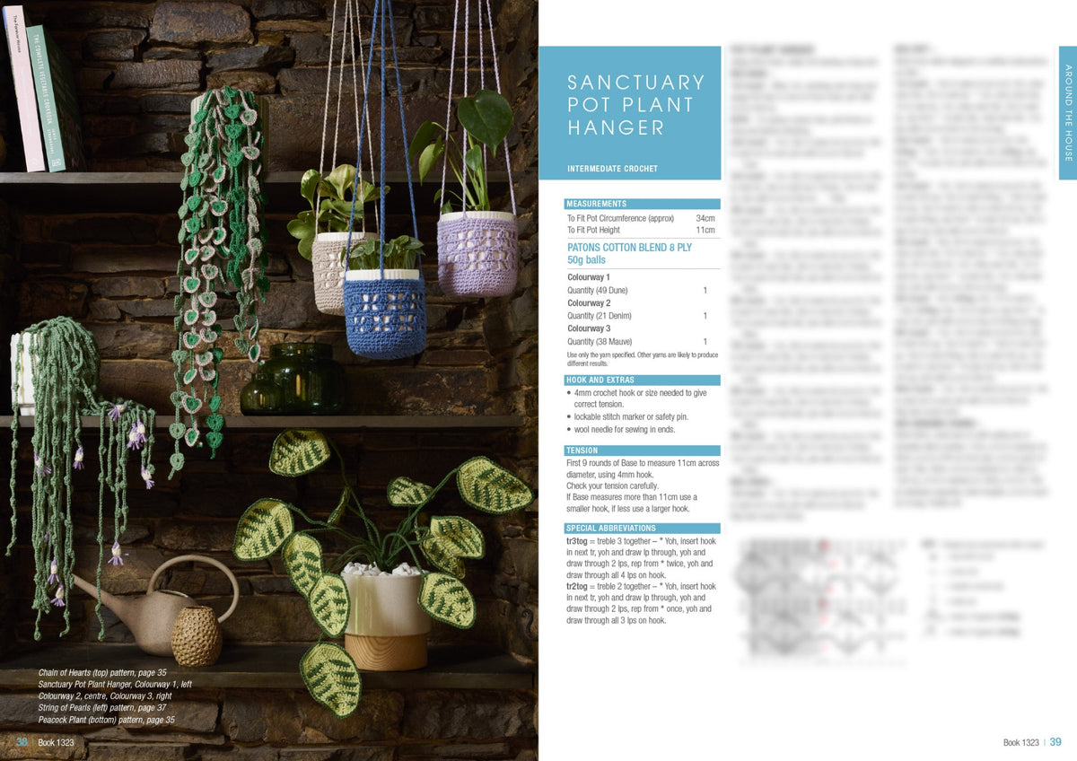 Hanging crochet plant holders in green, blue, and purple on a stone wall backdrop. Vibrant green leaves cascade below, creating a cozy, natural vibe.