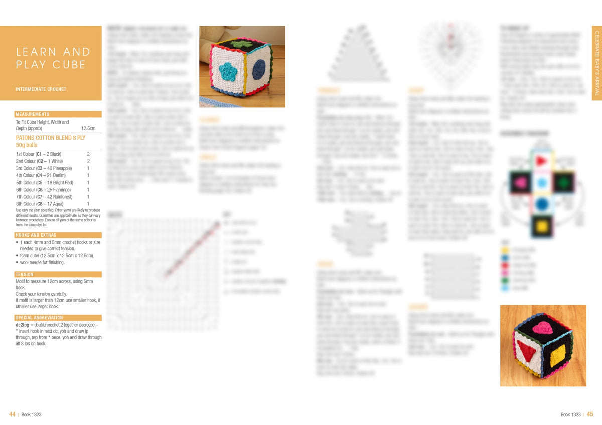 Crochet pattern for a 'Learn and Play Cube' shown with instructions and a photo of the cube, featuring colorful squares with different colored shapes. Includes details on materials, measurements, and assembly steps. The overall tone is instructional and creative.