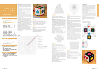 Crochet pattern for a 'Learn and Play Cube' shown with instructions and a photo of the cube, featuring colorful squares with different colored shapes. Includes details on materials, measurements, and assembly steps. The overall tone is instructional and creative.