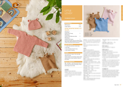 A cozy scene featuring a pink knitted baby sweater and hat with bear ears, laid on a fluffy rug with wooden blocks and a knitted lovey beside them. A plant adds a touch of greenery. The image exudes warmth and comfort, providing a homemade, nurturing ambiance. On the right, knitting instructions are partially visible.
