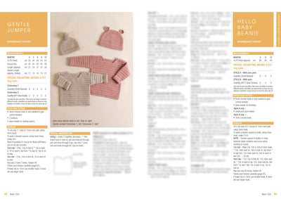 Baby knitwear pattern with "Gentle Jumper" and "Hello Baby Beanie" in cream and pink. Includes measurements, yarn instructions, and crochet tips.