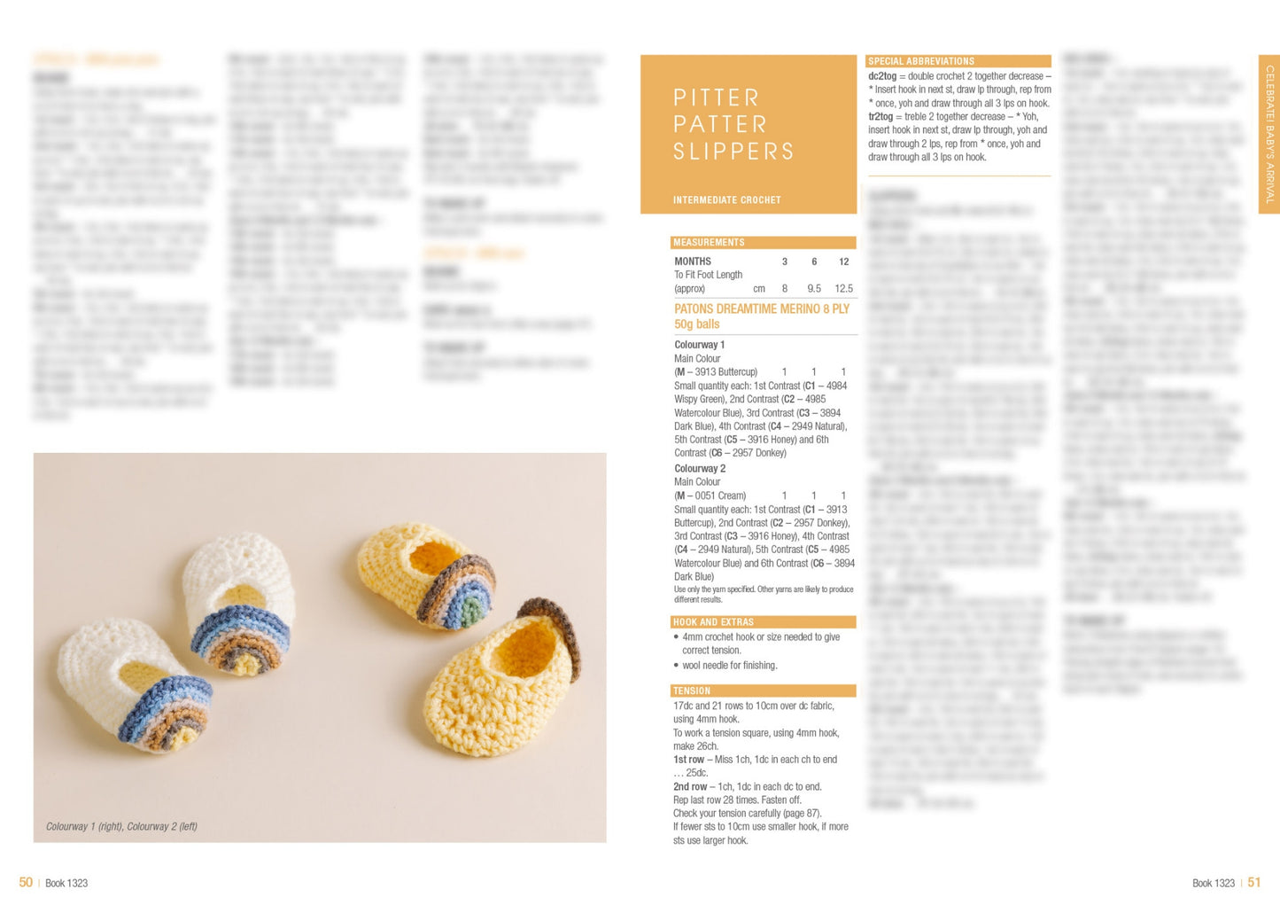 A magazine page features a knitting pattern titled "Pitter Patter Slippers" with yarn details and instructions. Below, four pastel baby slippers are shown.