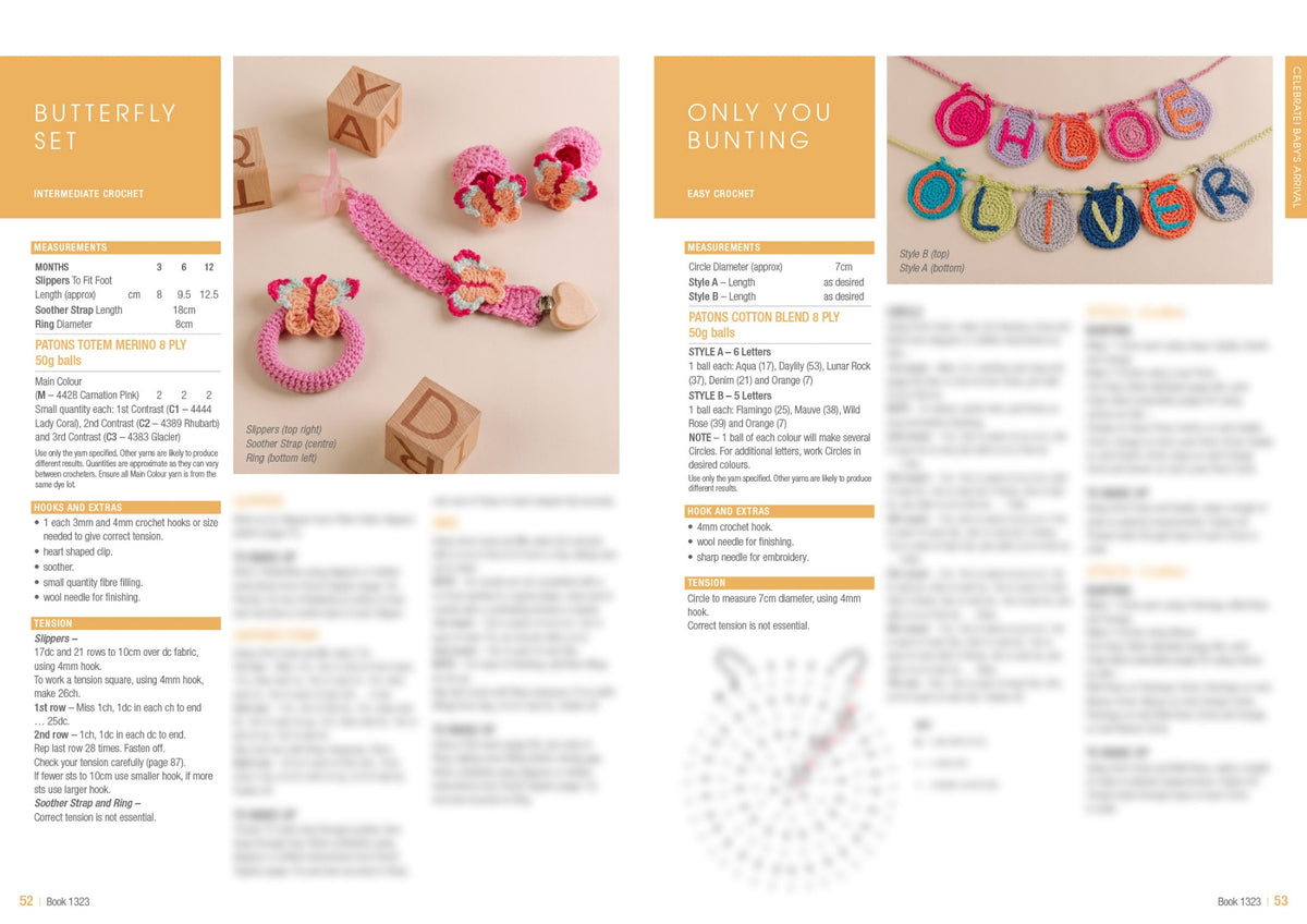 Crochet patterns for a butterfly-themed set and bunting. Left: pink and cream crochet accessories on wooden blocks. Right: colorful crocheted bunting spelling names.