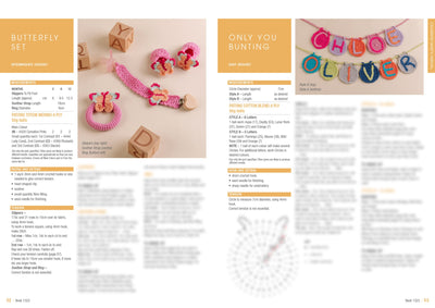 Crochet patterns for a butterfly-themed set and bunting. Left: pink and cream crochet accessories on wooden blocks. Right: colorful crocheted bunting spelling names.