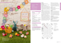 Crocheted Easter scene with colorful garland, a "HOP THIS WAY" sign, and yarn animals. A basket holds a chick and yarn eggs. Vibrant, festive mood.