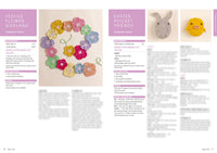 Crochet project page showing floral garland and small animal designs. Bright yarn flowers form a circle and a bunny and chick are depicted. Pattern details are on both sides.