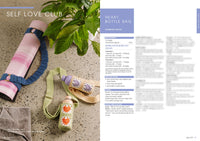 A yoga mat with a blue crochet strap, a plant, and two water bottles in crochet holders on a terrazzo floor. Text describes a "Heart Bottle Bag" project.