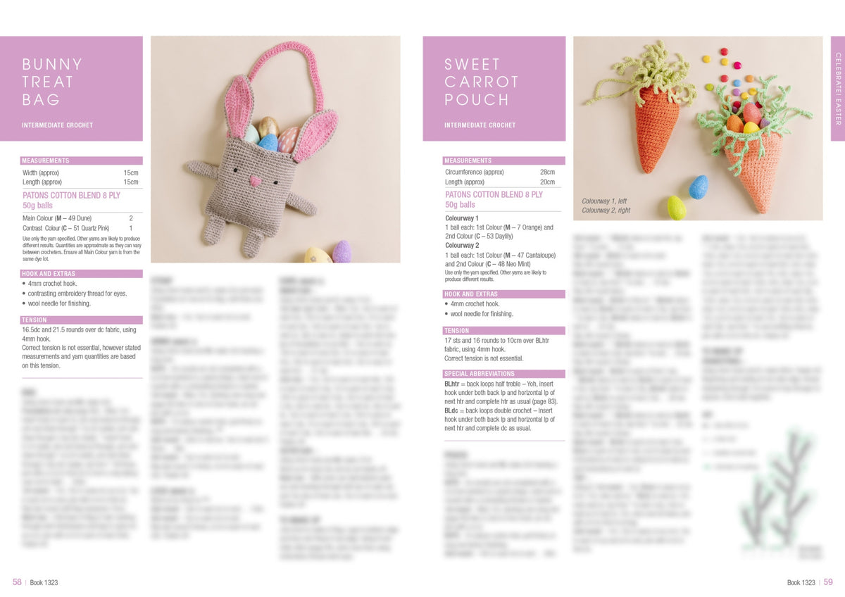 Two crochet project pages with instructions. Left: Bunny Treat Bag with a cute bunny-shaped pouch holding eggs. Right: Sweet Carrot Pouch with carrot-shaped pouches containing colorful eggs. The mood is playful and crafty.