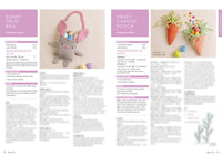 Two crochet project pages with instructions. Left: Bunny Treat Bag with a cute bunny-shaped pouch holding eggs. Right: Sweet Carrot Pouch with carrot-shaped pouches containing colorful eggs. The mood is playful and crafty.
