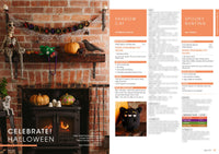 A cozy Halloween-themed scene featuring a decorated brick fireplace. A skeleton, a knitted black cat, pumpkins, and a crow adorn the mantel. A "Spooktacular" banner hangs above. A warm fire burns, creating a festive and inviting atmosphere. Crocheting instructions for a "Shadow Cat" and "Spooky Bunting" are displayed on the right.