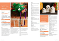 A crochet monster bag with bulging eyes and purple handles dangles, filled with candy, beside a trio of small, white crocheted ghost figures with playful faces.