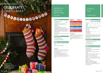 Festive Christmas scene with colorful knitted stockings hanging on a wood mantel. Above, "Merry + Bright" bunting. Gifts wrapped below the mantel.