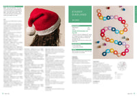 A woman wearing a knitted red and white Santa hat is on the left. On the right, a colorful crocheted starry garland with ornaments on a beige background.