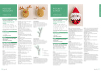 A crochet instruction page features "Pocket Rudolph" and "Pocket Santa" patterns. Rudolph's head with antlers and a red nose is shown. Santa is a round figure with a red hat and white trim. Text includes materials, measurements, and detailed crochet steps. The tone is festive and crafty.
