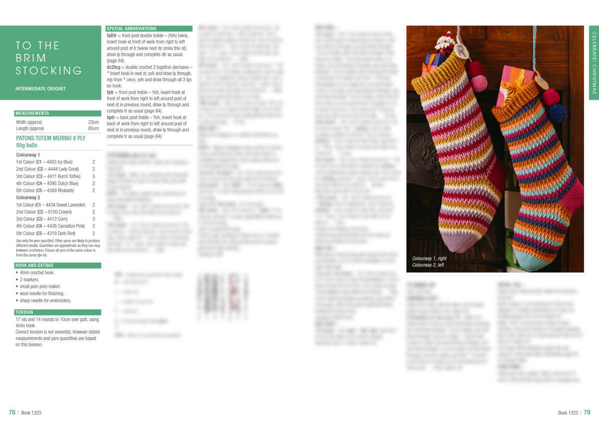 Two colorful, striped crochet stockings hang from a wooden mantel. Each stocking is adorned with pom-poms and filled with small gifts, evoking a festive holiday atmosphere.