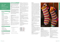 Two colorful, striped crochet stockings hang from a wooden mantel. Each stocking is adorned with pom-poms and filled with small gifts, evoking a festive holiday atmosphere.