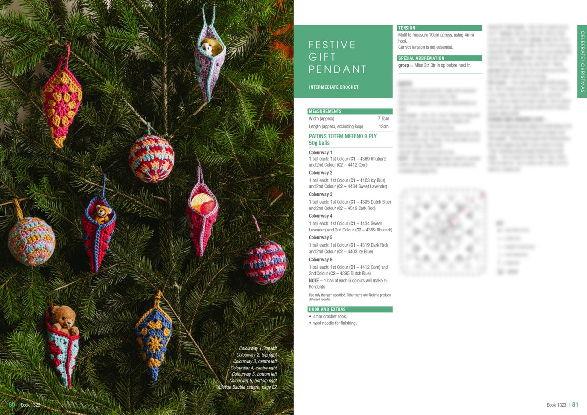 Crocheted festive pendants and baubles hang on an evergreen tree. The right page shows a pattern and instructions with a green header. The tone is cozy and festive.