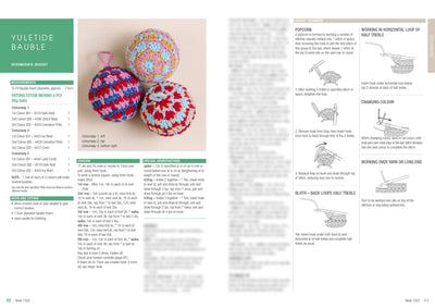 Three crocheted baubles with colorful patterns are displayed on the left. The right side contains crochet instructions with diagrams. The tone is festive and instructional.