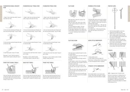 A detailed instructional page on crochet techniques, featuring illustrations and step-by-step guides. Sections include foundation crochet rows, flat and edge seams, various stitch variations, twisted cord method, and fringe creation. Each section is accompanied by clear diagrams showing hand positions and yarn placements, aiming to assist users in executing different crochet stitches and finishes. The overall tone is educational and practical.