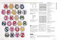 Crocheted alphabet applique set on left, showcasing colorful letters A-Z on round gray backings. Right side has crochet instructions and patterns.