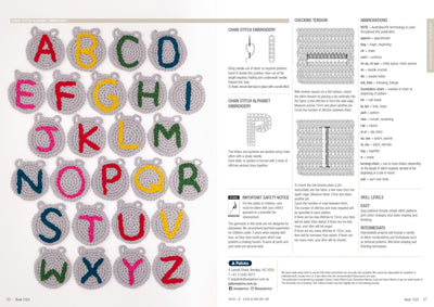 Crocheted alphabet applique set on left, showcasing colorful letters A-Z on round gray backings. Right side has crochet instructions and patterns.